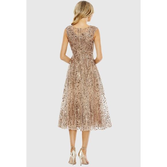 Mac Duggal 20398 Gold Sequin Fit & Flare Midi Dress 16 Cap Sleeves Cocktail NWT - Picture 3 of 16